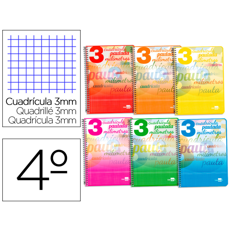 Cuaderno espiral liderpapel cuarto pautaguia tapa blanda 40h 75gr cuadro pautado 3 mm con margen colores surtidos
