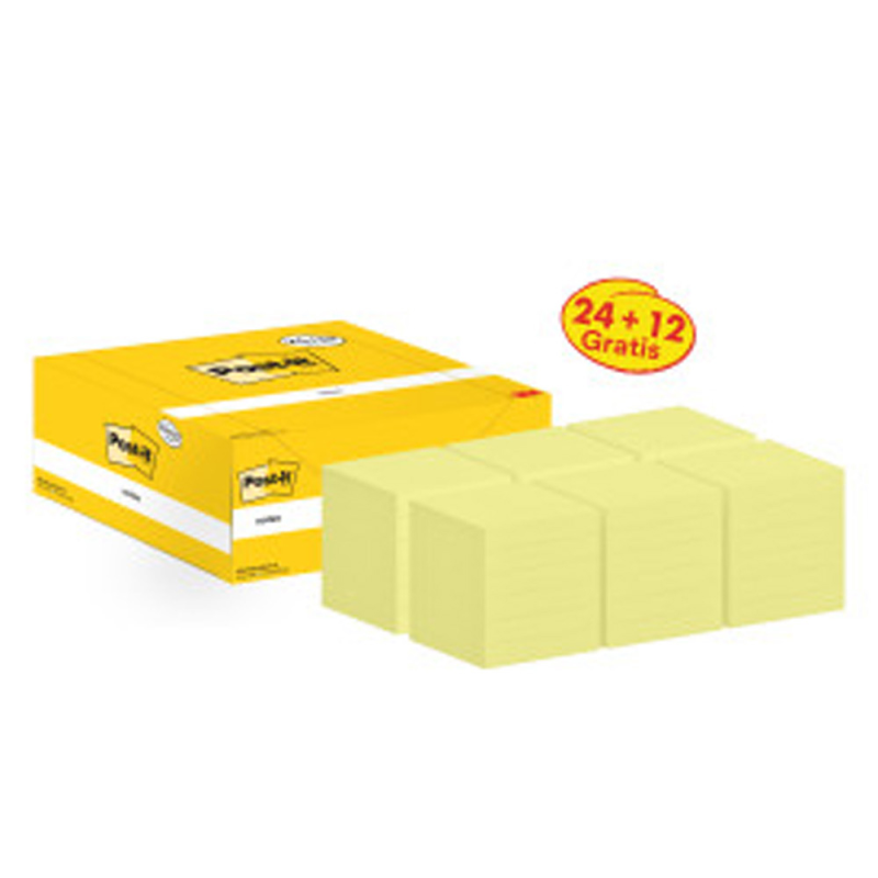 Bloc de notas adhesivas quita y pon post-it 76x76 mm pack promocional 24+12 unidades