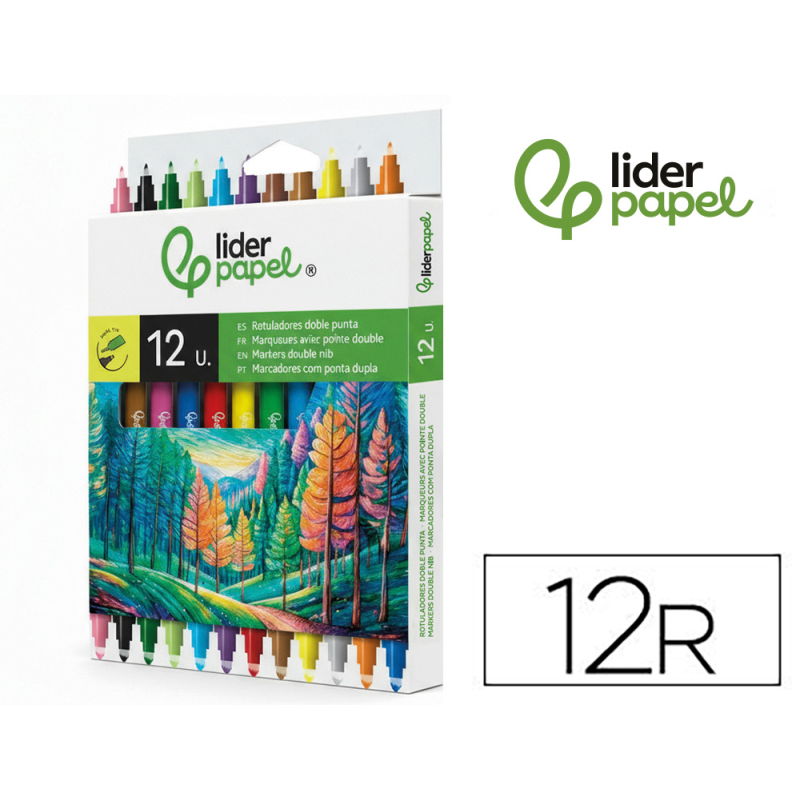 Rotulador liderpapel duo doble punta fina y gruesa caja de 12 unidades colores surtidos