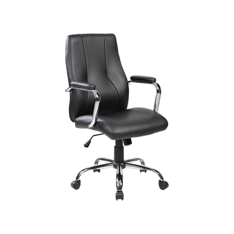 Silla rocada direccion simil piel con brazos base metalica cromada diametro 700mm respaldo 730mmx500mm