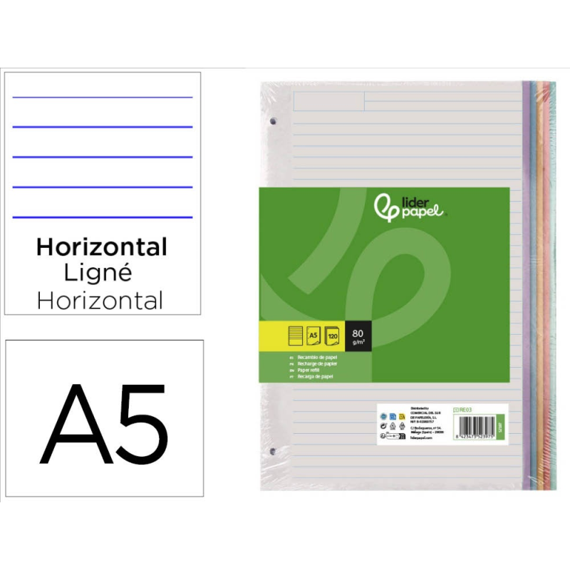 Recambio liderpapel a5 120 hojas 80gr horizontal sin ma rgen 6 taladros bandas de 5 colores