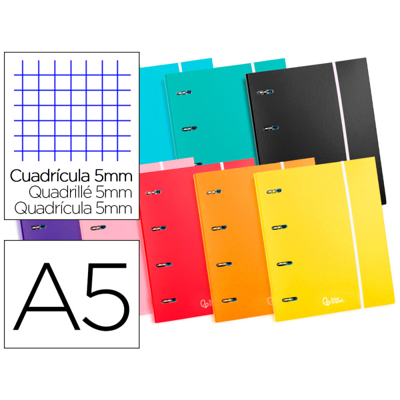 Carpeta con recambio liderpapel a5 cuadro 5mm forrada 4 anillas 20mm