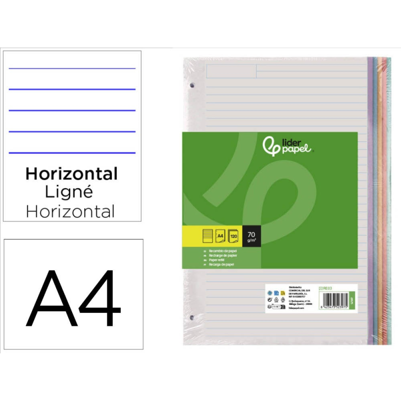 Recambio liderpapel a4 120 hojas 70gr horizontal sin ma rgen 4 taladros bandas de 5 colores