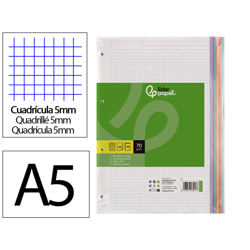 Recambio liderpapel a5 120 hojas 75gr cuadro 5mm sin ma rgen 6 taladros bandas de 5 colores