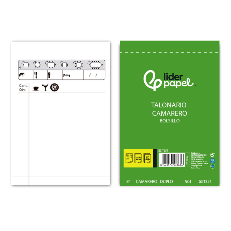 Talonario liderpapel camarero bolsillo original y copia t251 zig zag