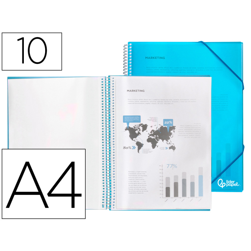 Carpeta liderpapel escaparate con espiral 10 fundas polipropileno din a4 azul