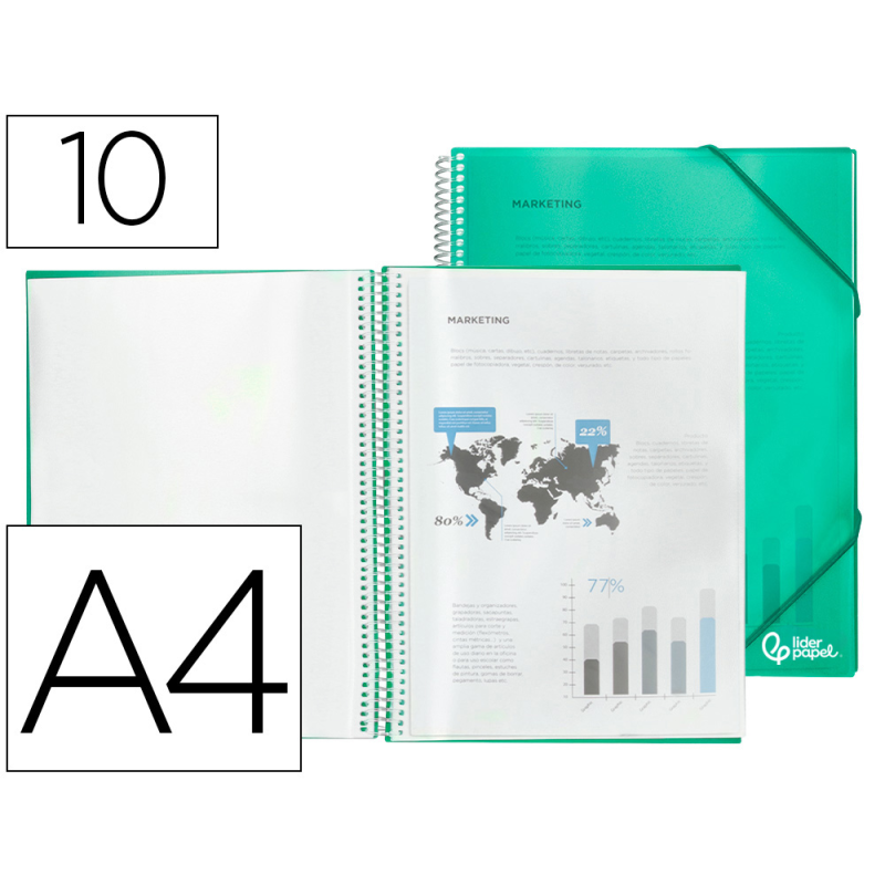 Carpeta liderpapel escaparate con espiral 10 fundas polipropileno din a4 verde