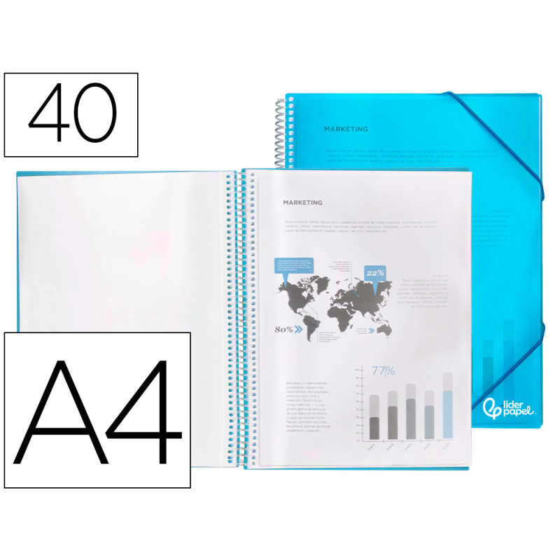 Carpeta liderpapel escaparate con espiral 40 fundas polipropileno din a4 azul