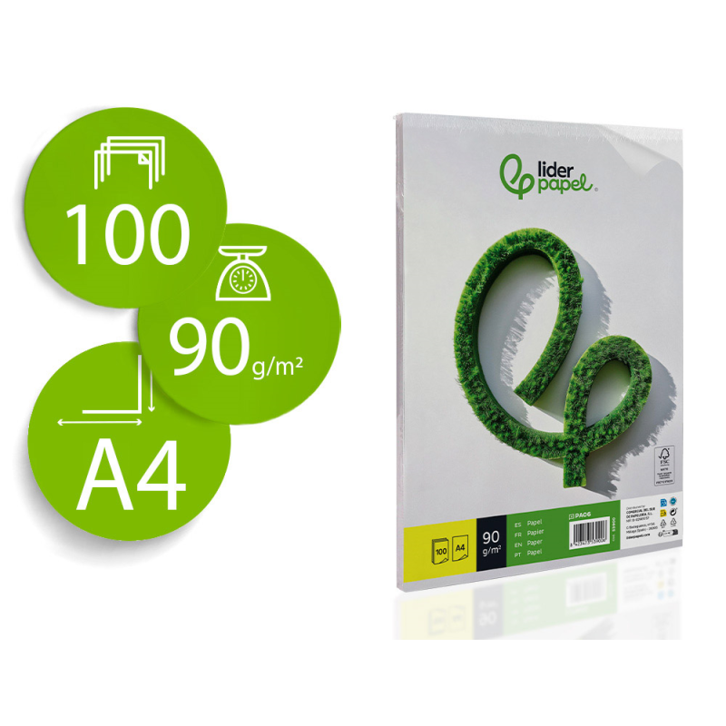 Papel liderpapel a4 90g/m2 liso paquete de 100 hojas