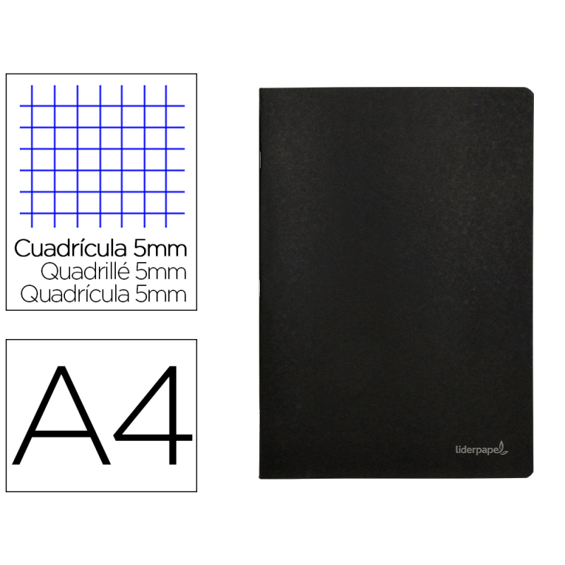 Libreta liderpapel tapa negra a4 80 hojas 60gr cuadro 5mm con doble margen