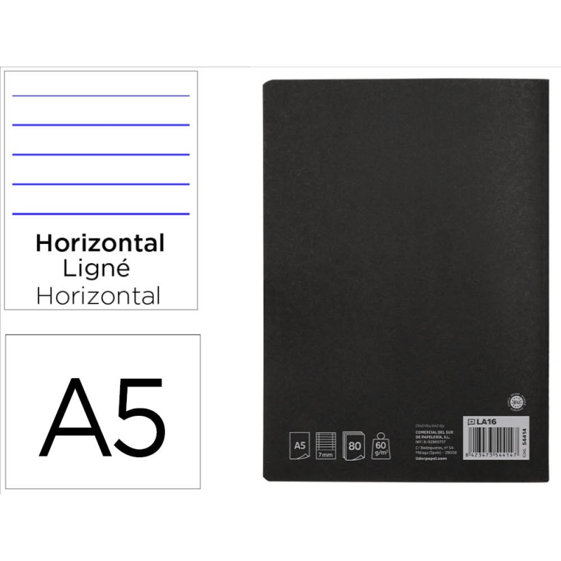 Libreta liderpapel tapa negra a5 80 hojas 60gr horizontal con doble margen