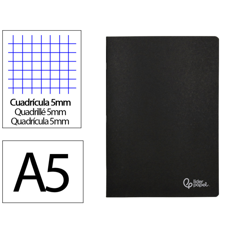 Libreta liderpapel tapa negra a5 80 hojas 60gr cuadro 5mm con doble margen