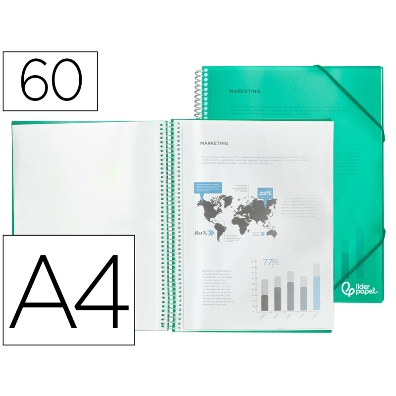 Carpeta liderpapel escaparate con espiral 60 fundas polipropileno din a4 verde