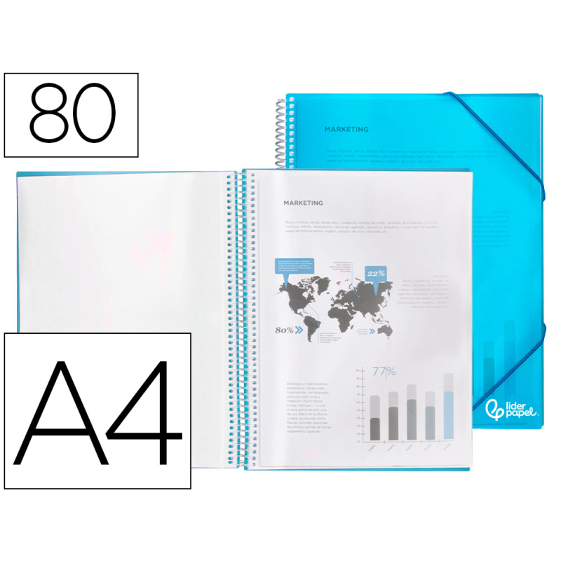 Carpeta liderpapel escaparate con espiral 80 fundas polipropileno din a4 azul
