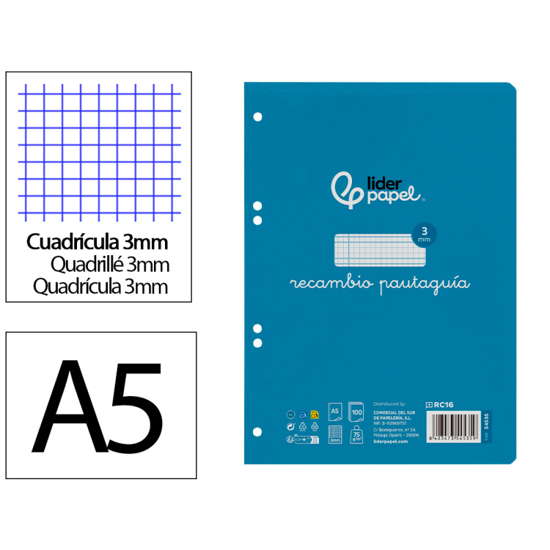 Recambio liderpapel a5 pautaguia 100 hojas 75gr cuadriculado pautado 3mm con margen 6 taladros