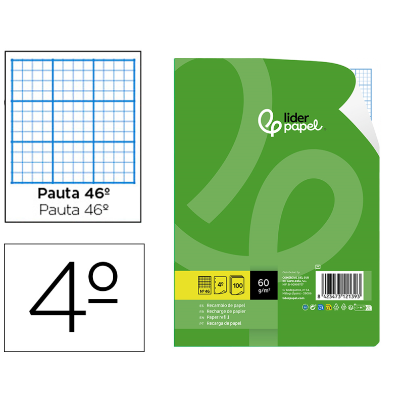 Recambio liderpapel cuarto 100 hojas 60gr rayado nº 46 6 taladros