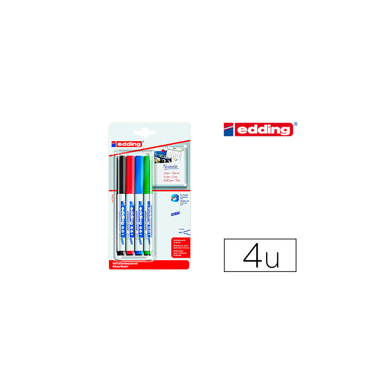 Rotulador edding para pizarra blanca 661 punta redonda 1-2 mm blister de 4 unidades colores surtidas