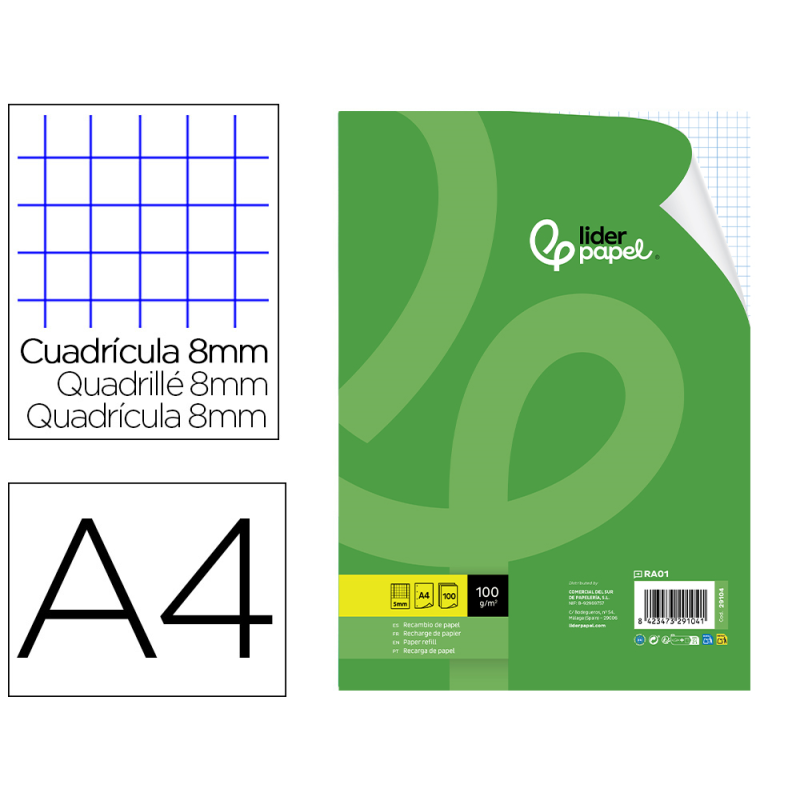 Recambio liderpapel a4 100 hojas 60gr cuadro 8mm con margen 4 taladros