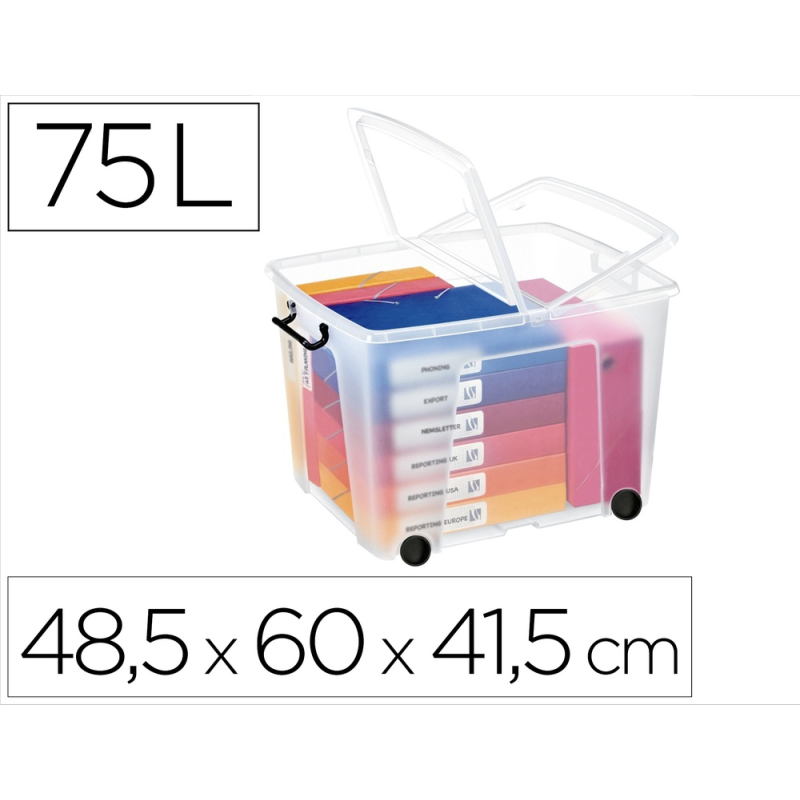 Contenedor plastico cep 75 litros 485x600x415 mm transparente con tapa cierre hermetico y 4 ruedas