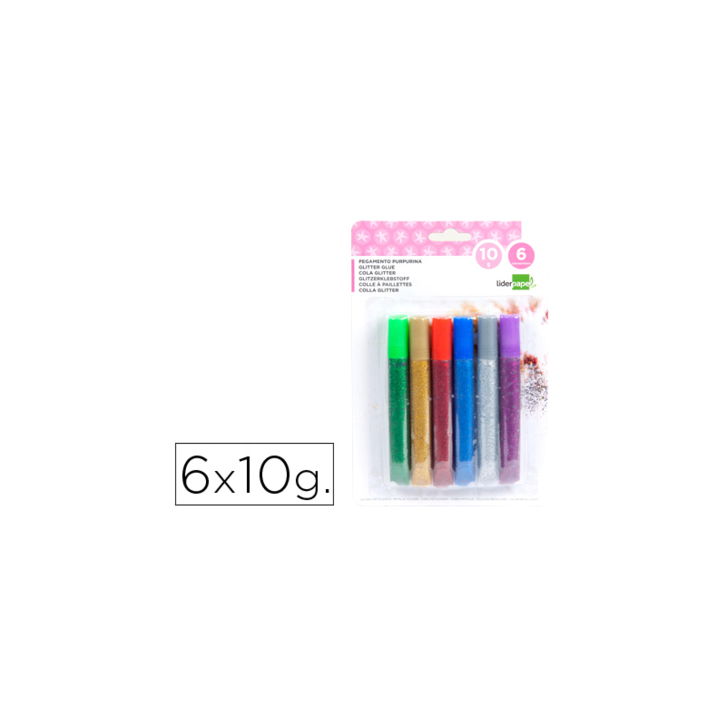 Purpurina pegamento liderpapel fantasia colores metalicos blister de 6 unidades de 10 gr