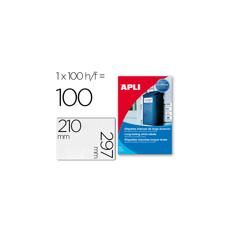 Etiqueta adhesiva apli poliester 210x297 mm resistente a la interperie laser pack de 100 hojas