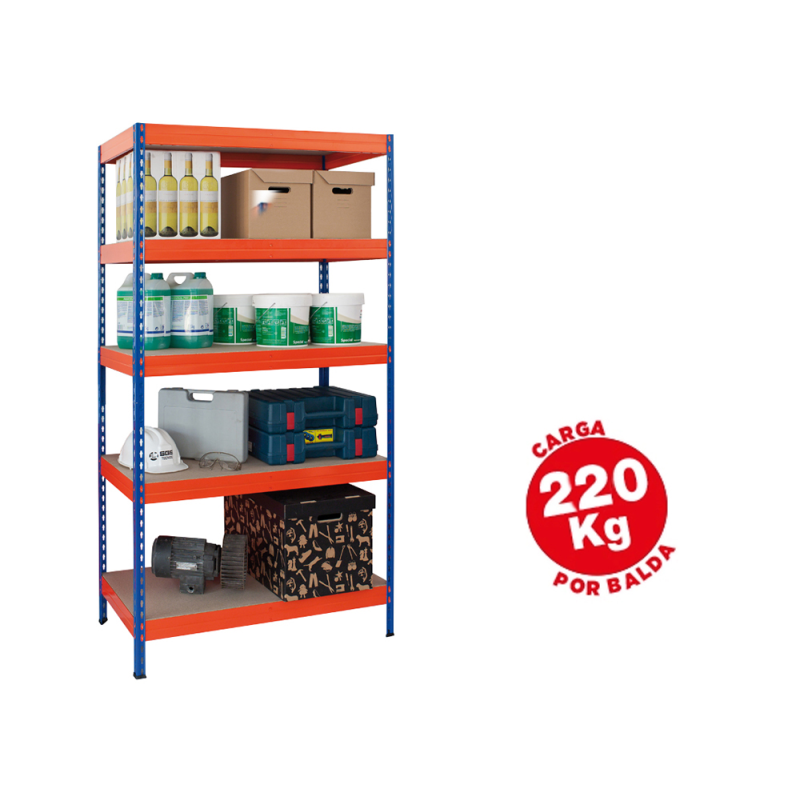Estanteria metalica ar storage 192x90x45 cm 5 estantes 220kg por estante bandejas de maderasin tornillos azul naranja