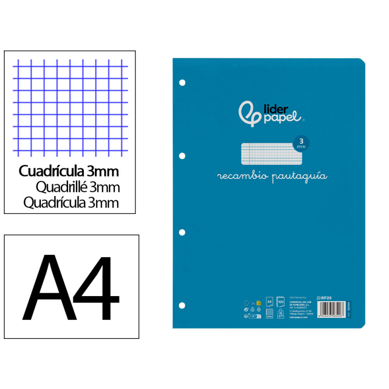 Recambio liderpapel a4 pautaguia 100 hojas 75gr cuadriculado pautado 3mm con margen 4 taladros