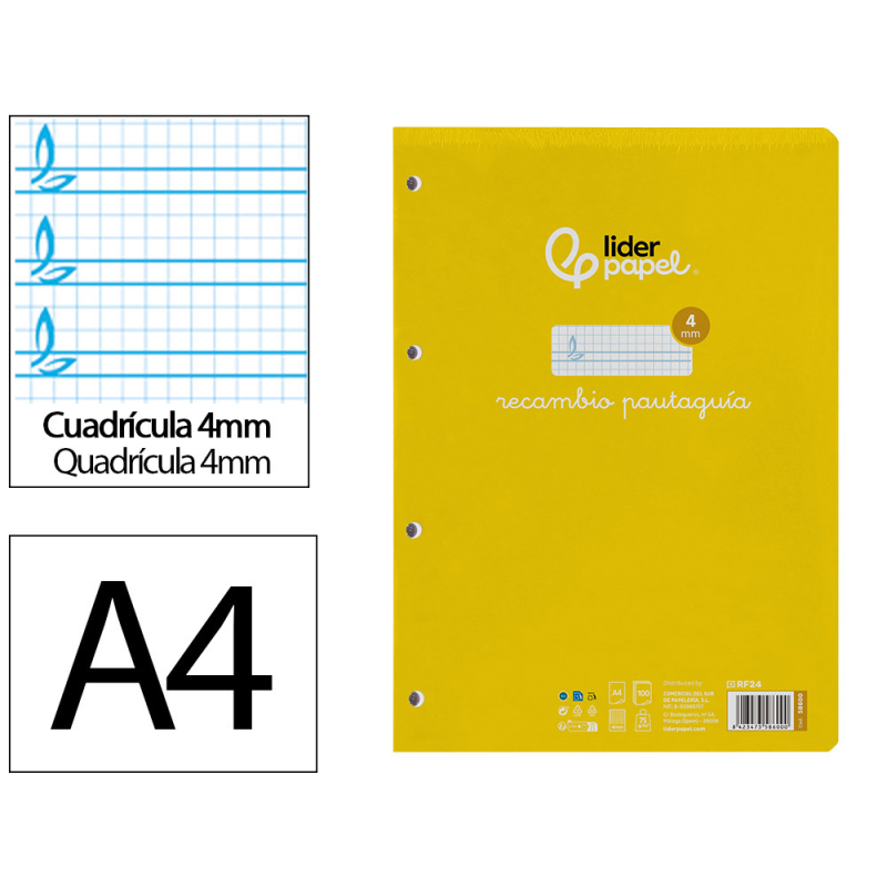 Recambio liderpapel a4 pautaguia 100 hojas 75gr cuadriculado pautado 4mm con margen 4 taladros