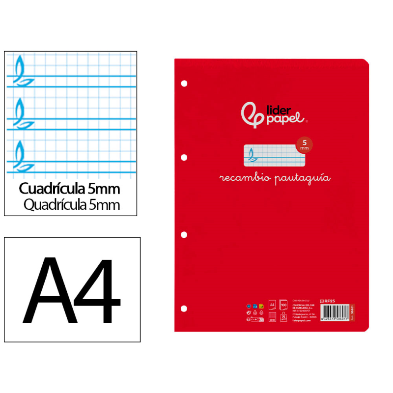Recambio liderpapel a4 pautaguia 100 hojas 75gr cuadriculado pautado 5mm con margen 4 taladros