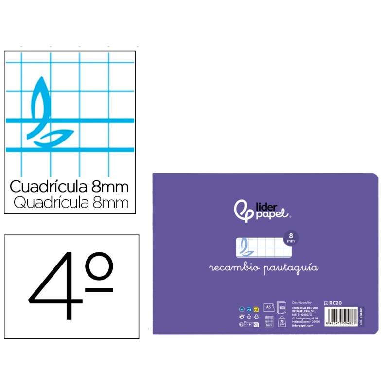 Recambio liderpapel cuarto apaisado pautaguia 100 hojas 75gr cuadriculado pautado 8mm con margen 2 taladros