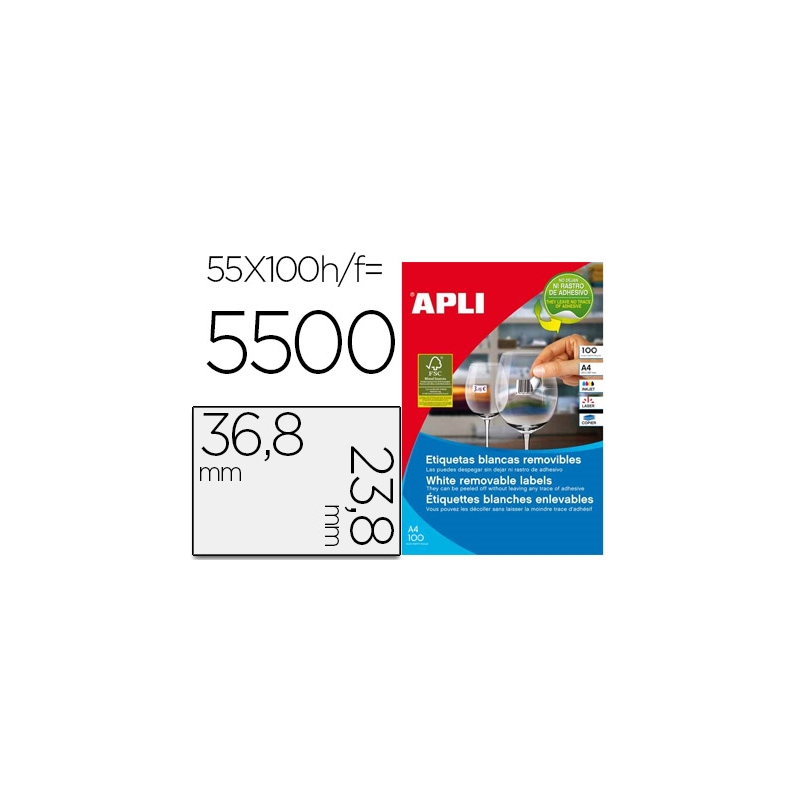Etiqueta adhesiva apli 36,8x23,8 mm fotocopiadora laser inkjet caja 100 hojas din a4 con 5500 etiquetas