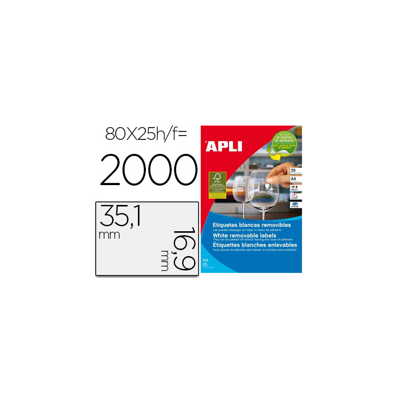 Etiqueta adhesiva apli 35,6x16,9 mm fotocopiadora laser inkjet caja 25 hojas din a4 con 2000 etiquetas