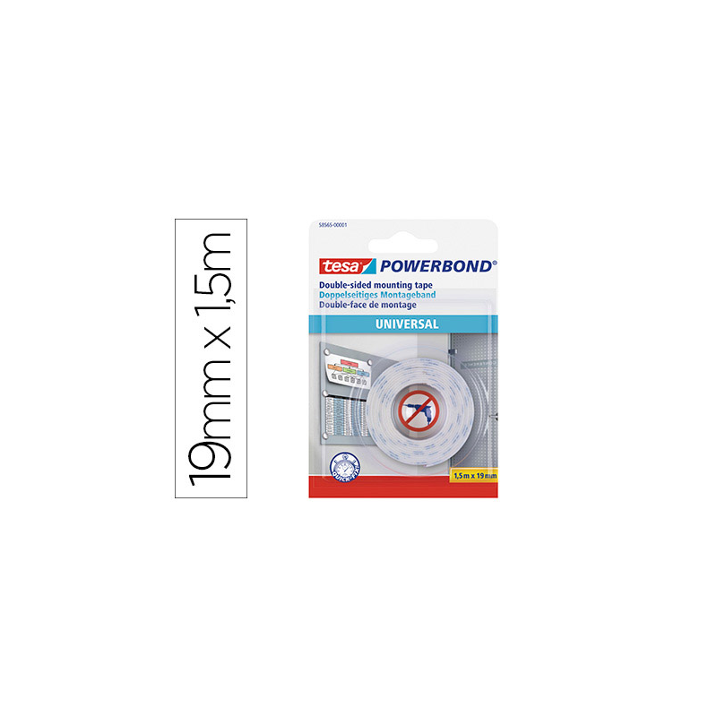Cinta adhesiva tesa doble cara powerbond universal uso interior 1,5 m x 19 mm