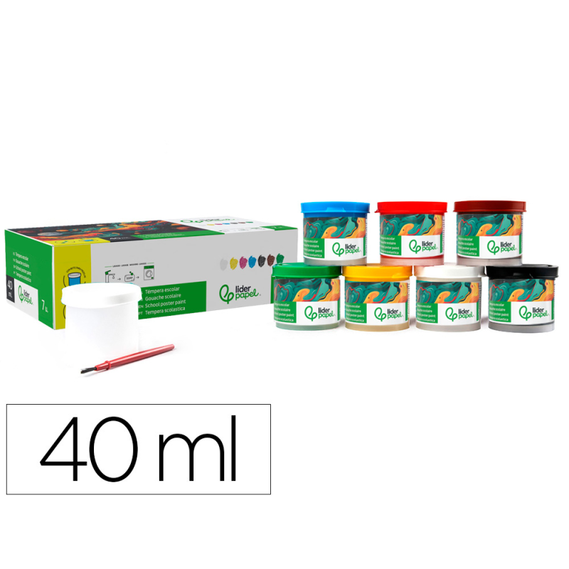 Tempera liderpapel escolar 40 ml caja 7 colores surtidos + pincel