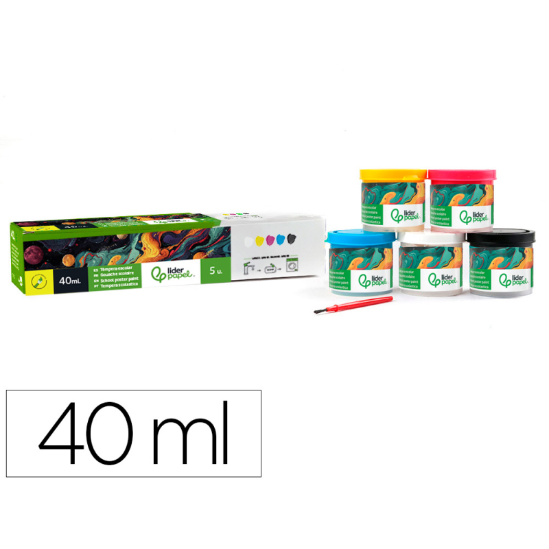 Tempera liderpapel escolar 40 ml caja 5 colores surtidos + pincel