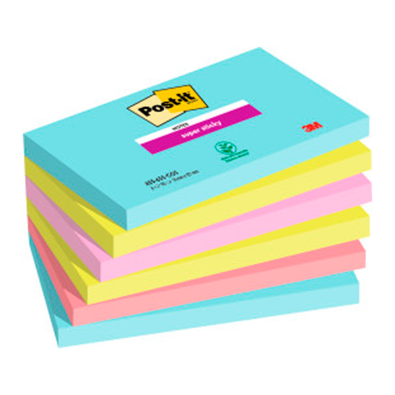 Bloc de notas adhesivas quita y pon post-it super sticky 76x127 mm con 90 hojas pack de 6 unidades colores miami