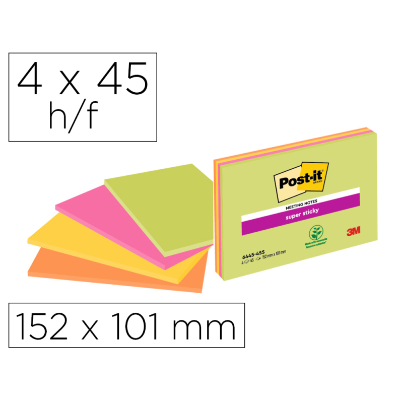 Bloc de notas adhesivas quita y pon post-it super sticky 152x101 mm con 45 hojas pack de 4 unidades colores neon