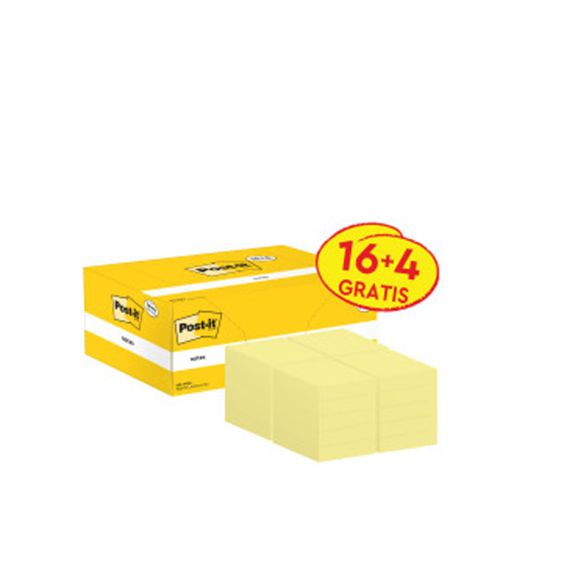 Bloc de notas adhesivas quita y pon post-it amarillo canario 38x51 mm pack promocional 16+4 gratis