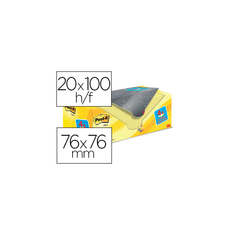 Bloc de notas adhesivas quita y pon post-it amarillo canario 76x76 mm pack promocional 16+4 gratis