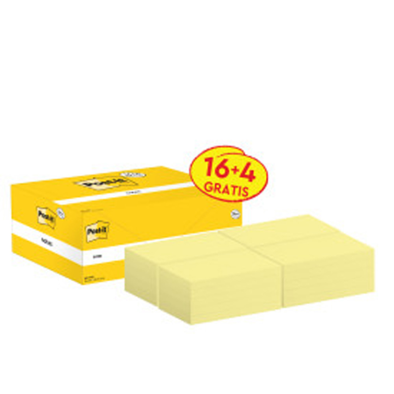 Bloc de notas adhesivas quita y pon post-it amarillo canario 76x127 mm pack promocional 16+4 gratis