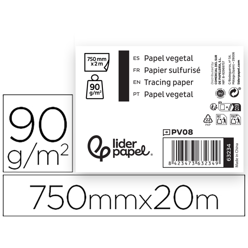 Papel vegetal liderpapel 750mmx20m 90gr rollo rollo
