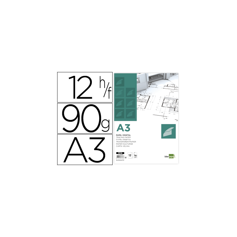 Papel vegetal liderpapel a3 90gr 297x420mm sobre de 12 hojas