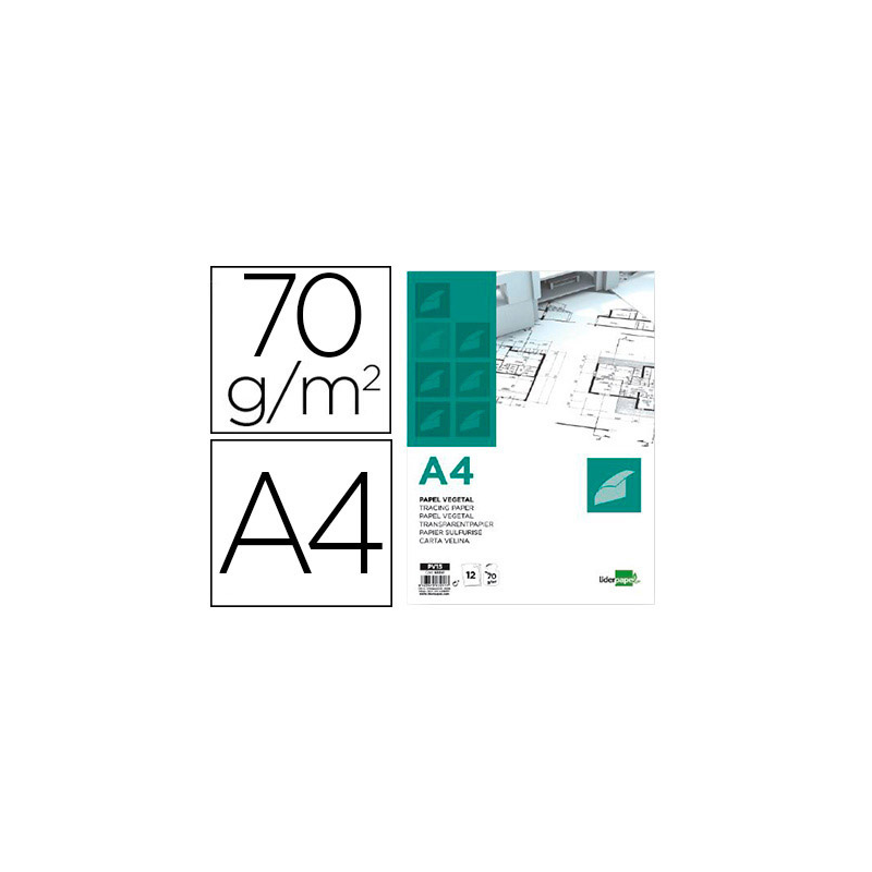 Papel vegetal liderpapel a4 70gr 210x297mm sobre de 12 hojas