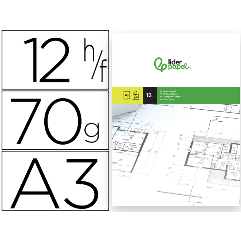 Papel vegetal liderpapel a3 70gr 297x420mm sobre de 12 hojas