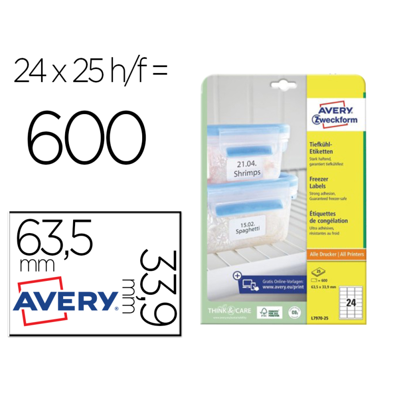 Etiqueta adhesiva avery para congelador blanca 63,5x33,9 mm ink-jet laser fotocopiadorapack de 600 unidades