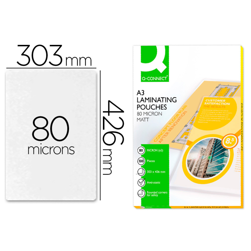 Bolsa de plastificar q-connect 303 x 426 mm 80 mc din a3 mate caja de 100 unidades