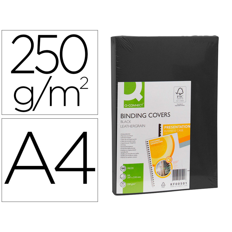 Tapa de encuadernacion q-connect carton din a4 negro simil piel 250 gr caja de 100 unidades