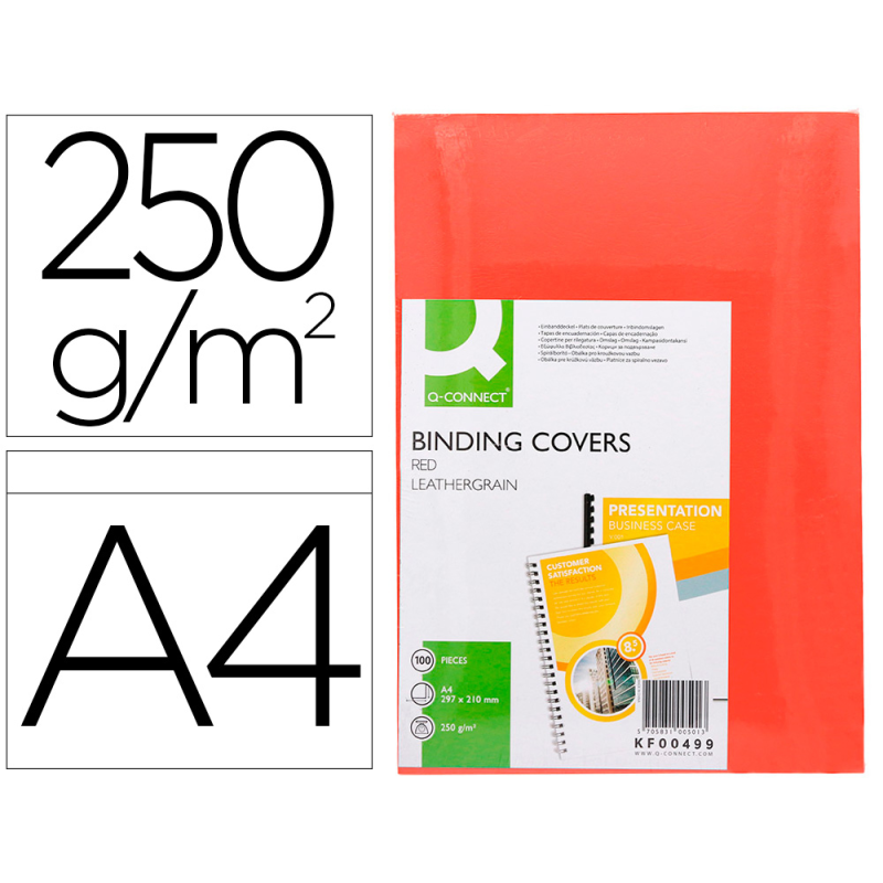 Tapa de encuadernacion q-connect carton din a4 rojo simil piel 250 gr caja de 100 unidades