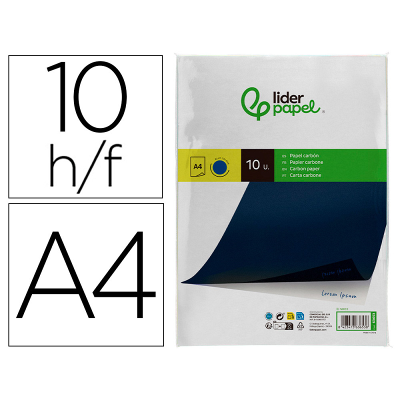 Papel carbon liderpapel azul din a4 bolsa de 10 hojas