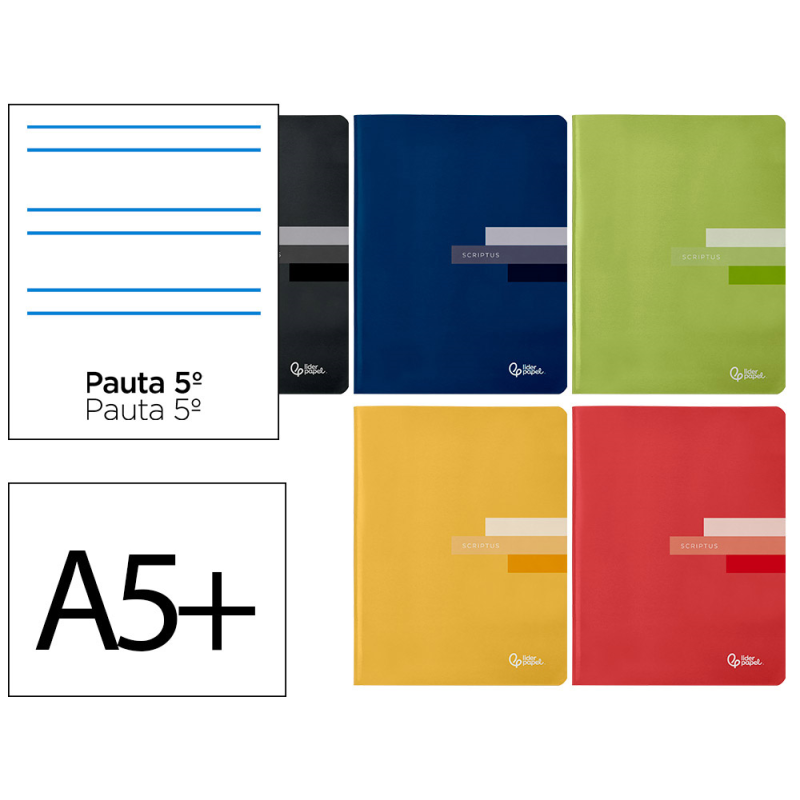 Libreta liderpapel scriptus a5+ plus 48 hojas 90gr rayado montessori 5mm con margen colores surtidos
